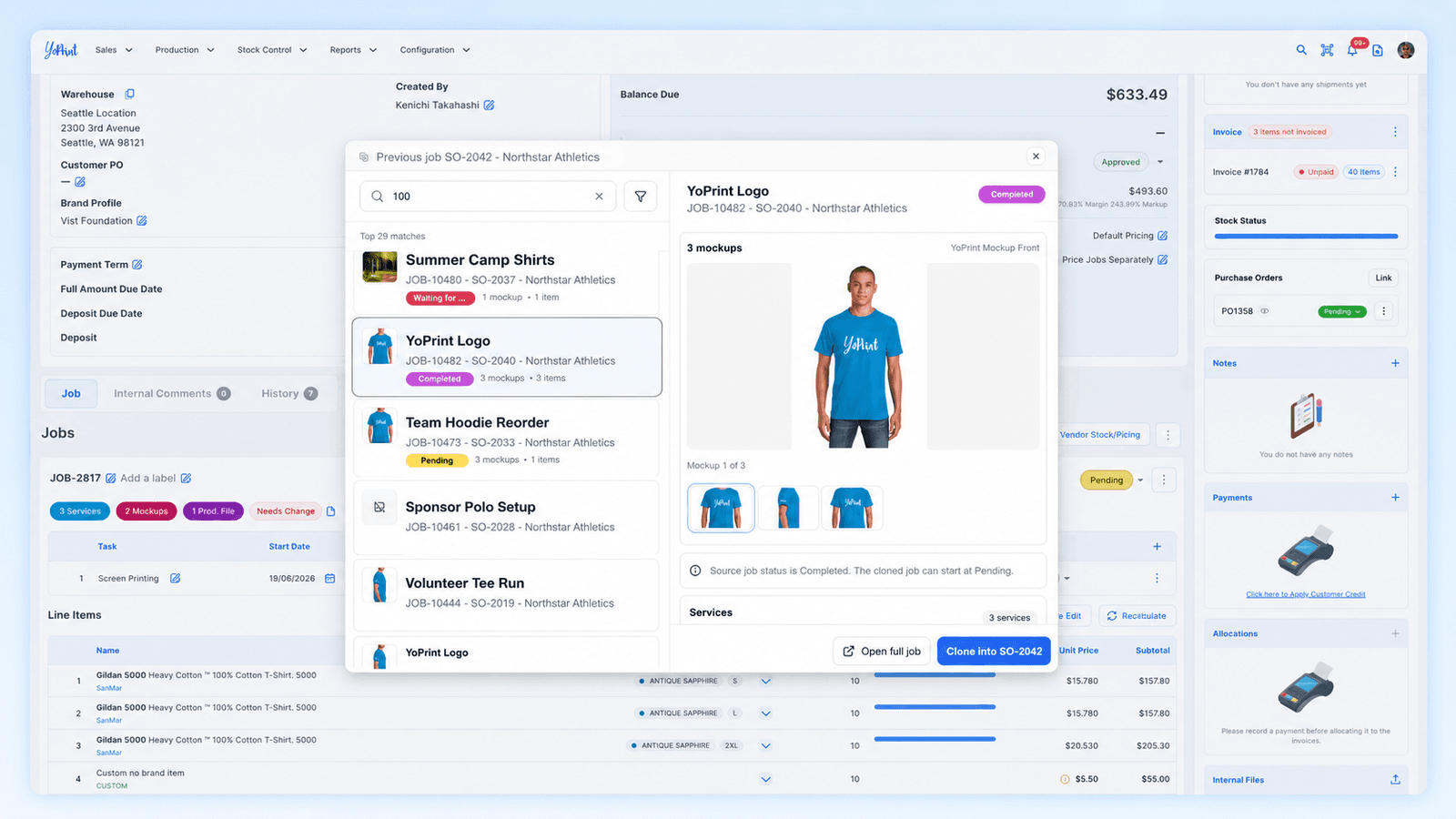 Previous-job chooser with results, mockup preview, services, and clone action inside a sales order.