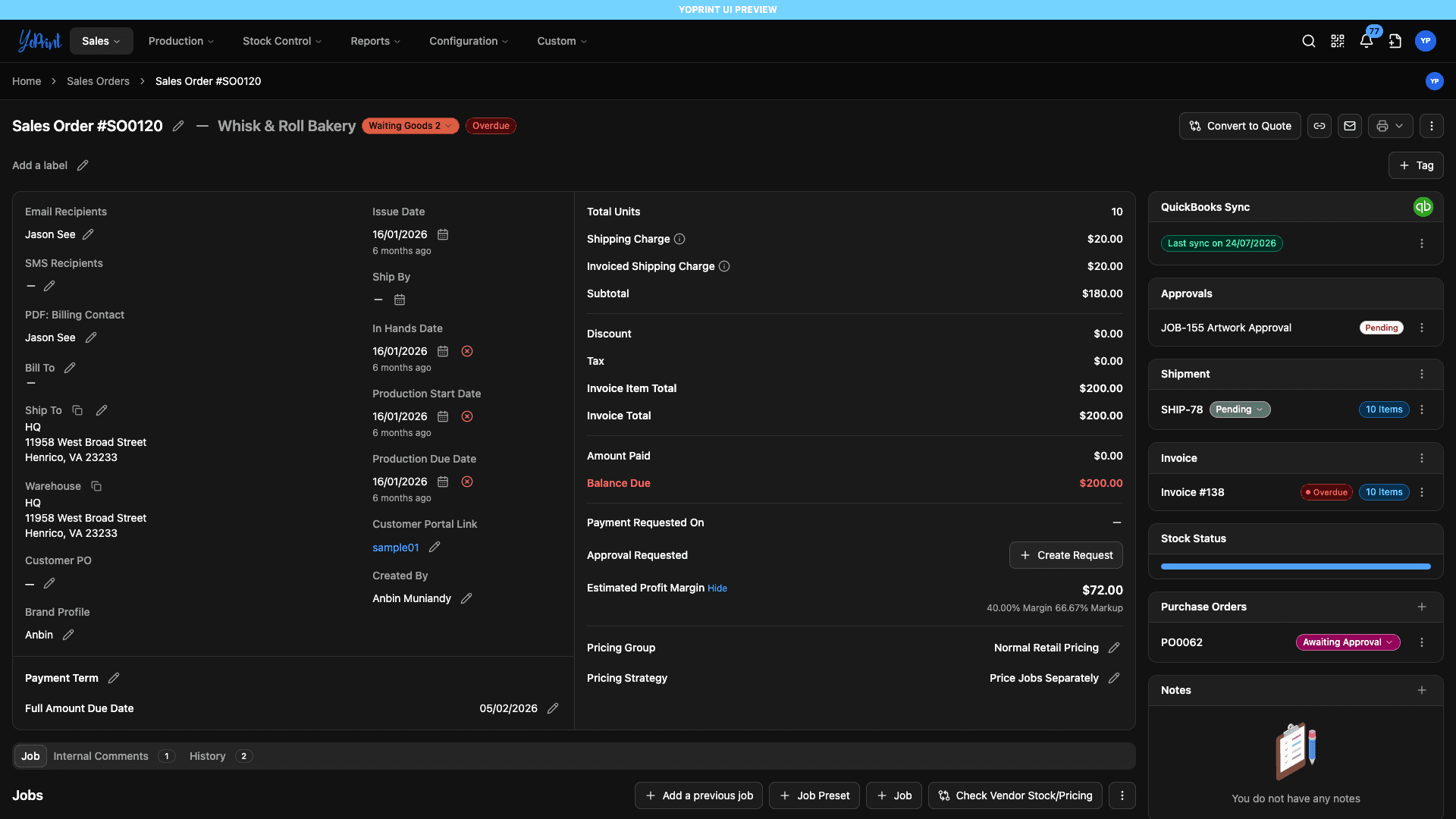 The updated YoPrint sales-order detail page in dark mode.