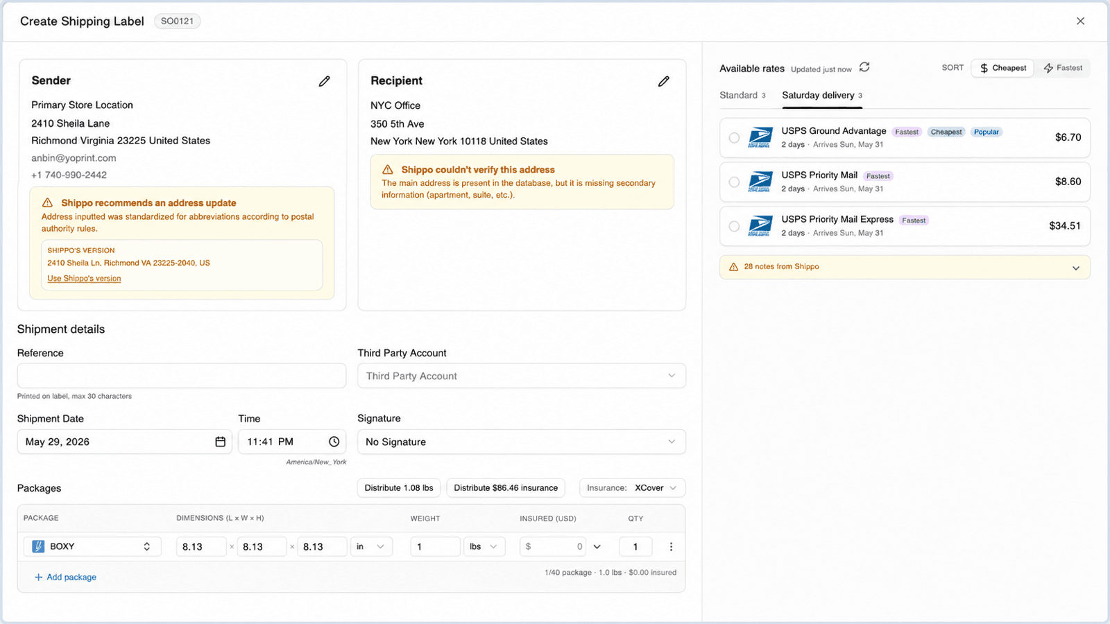 YoPrint Shippo Create Shipping Label dialog showing sender, recipient, shipment details, package, insurance, and rate sections.