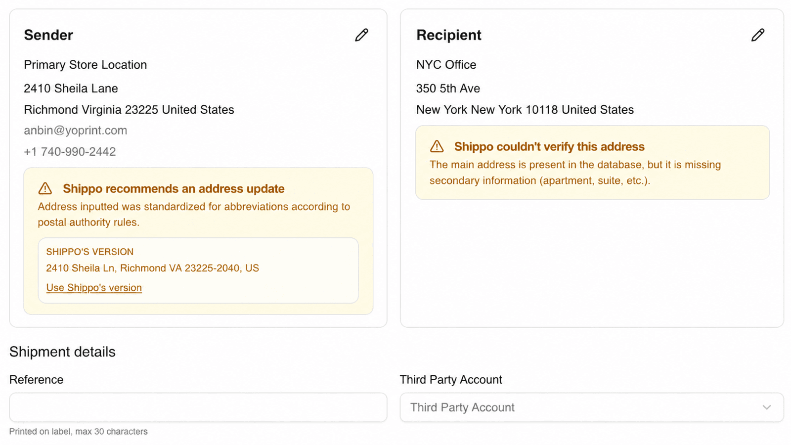 YoPrint Shippo address validation warnings showing a recommended address update and an unverifiable recipient address warning.