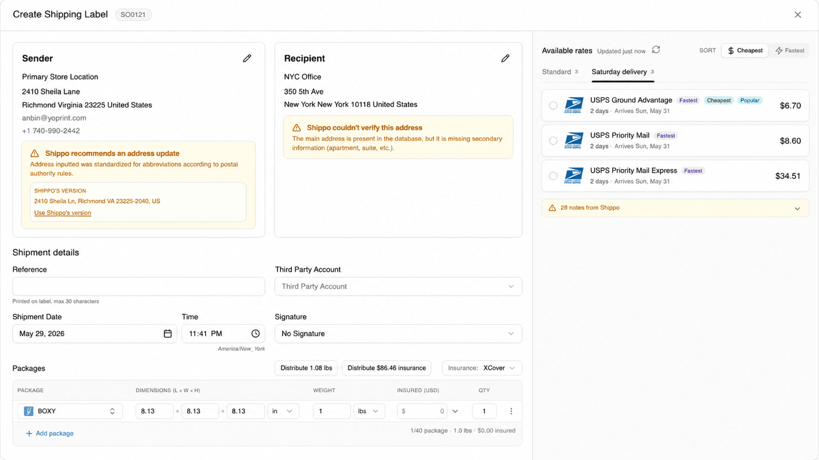 YoPrint Shippo rates panel showing Standard and Saturday delivery lanes, carrier filters, package count guidance, and rate actions.