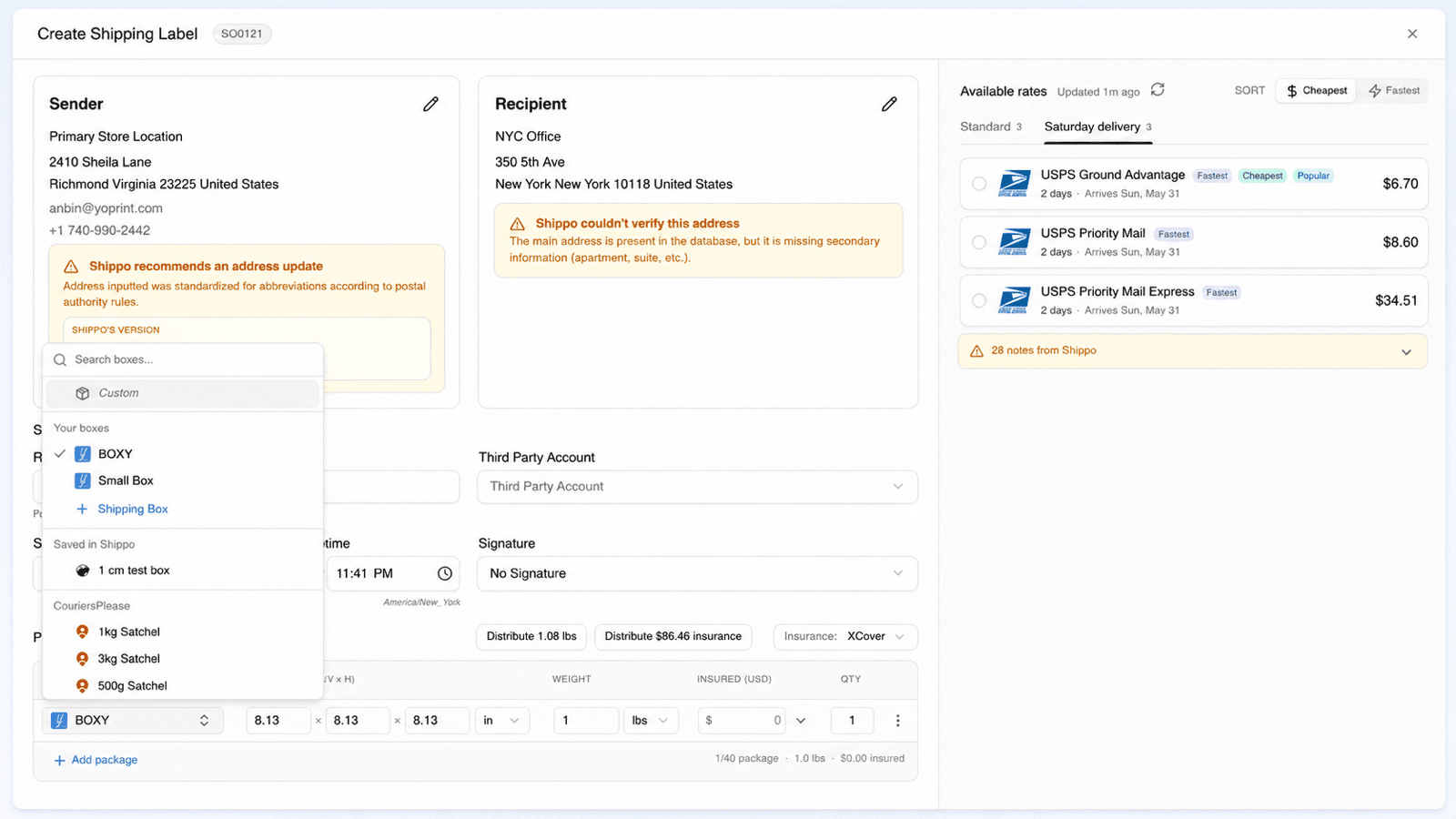 YoPrint Shippo package picker showing Custom, Your boxes, Saved in Shippo, and carrier package template groups.
