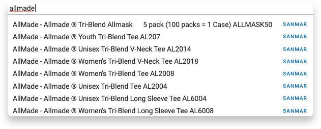 Screenshot of the application displaying a search bar with the query 'allmade'.