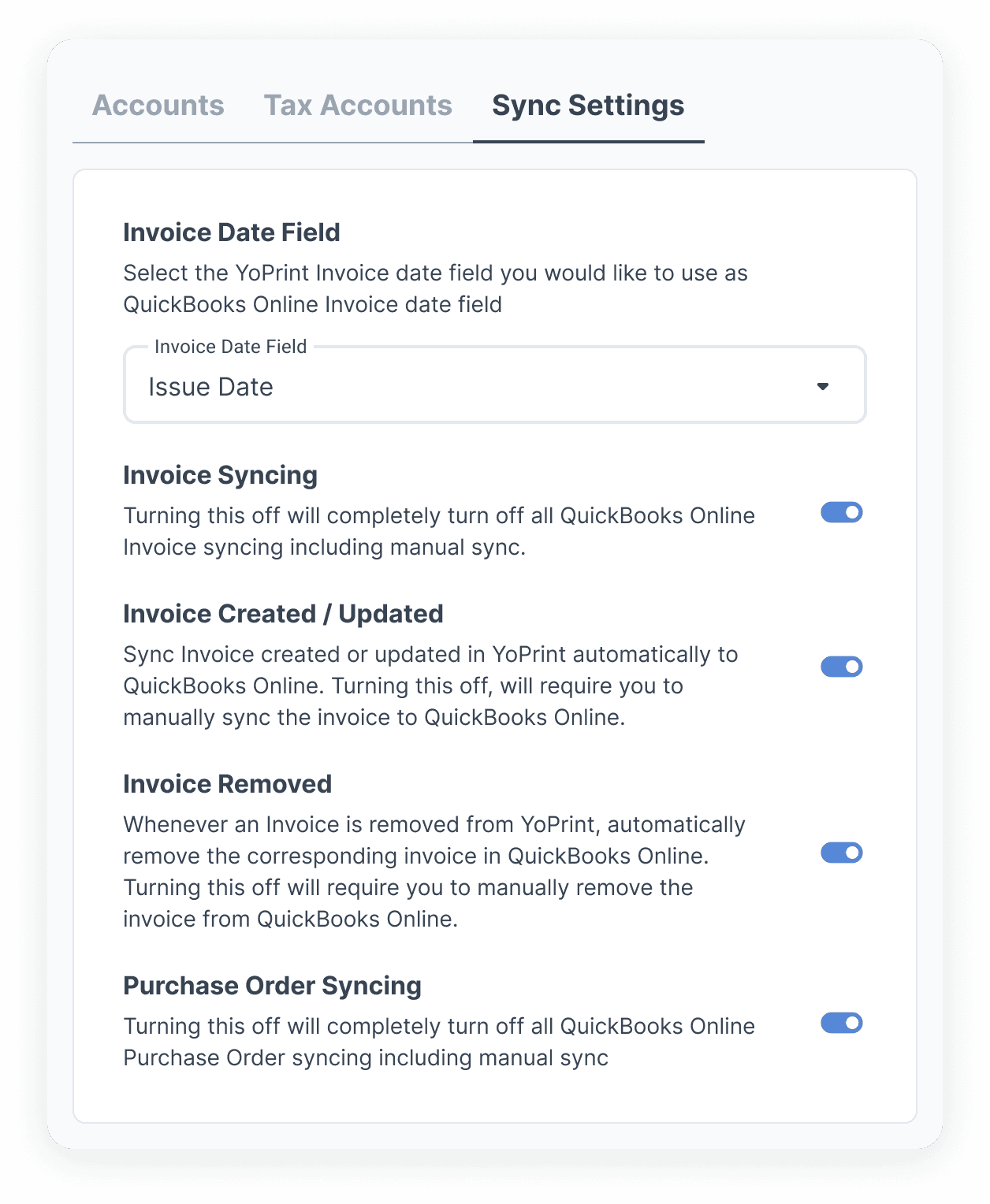 Screenshot of an Application displaying the Sync Settings